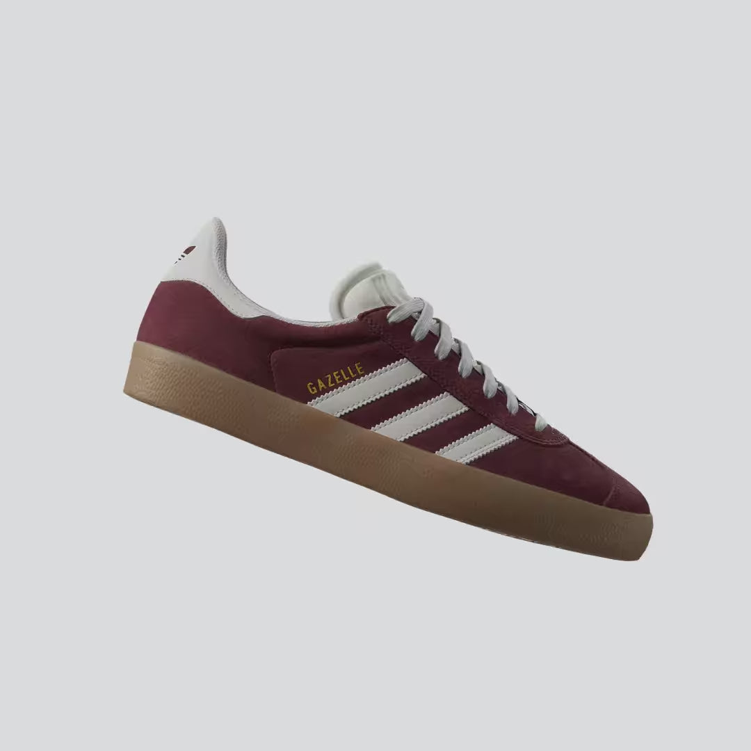 Video of burgundy Adidas Gazelle ADV sneakers showing details and style in motion
