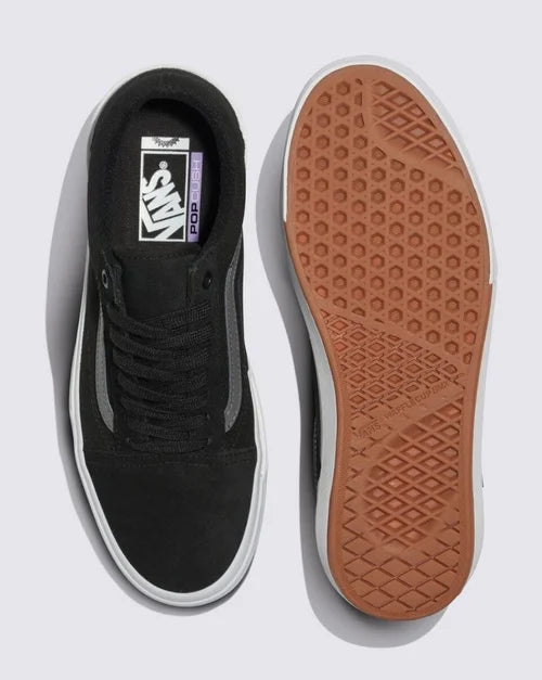 Top and bottom view of black BMX Old Skool skate shoe showing grey stripe and gum sole on light grey background
