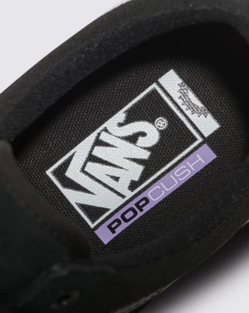 Close-up of Vans 'PopCush' insole label inside black BMX Old Skool skate shoe